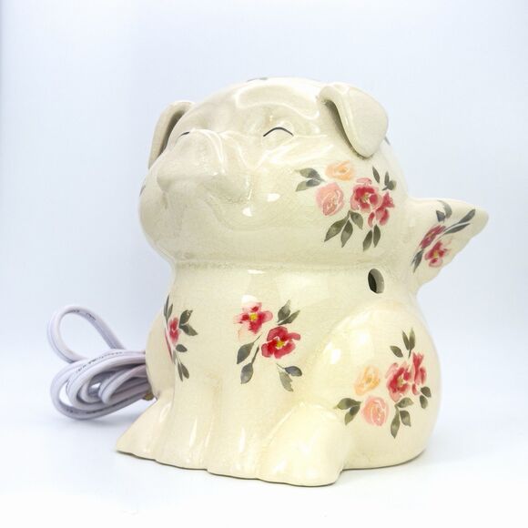 VTG. FLYING ANGEL PIG NIGHT LIGHT RED&PINK FLORAL CRACKLED FINISH WORKS GREAT. - Picture 8 of 10